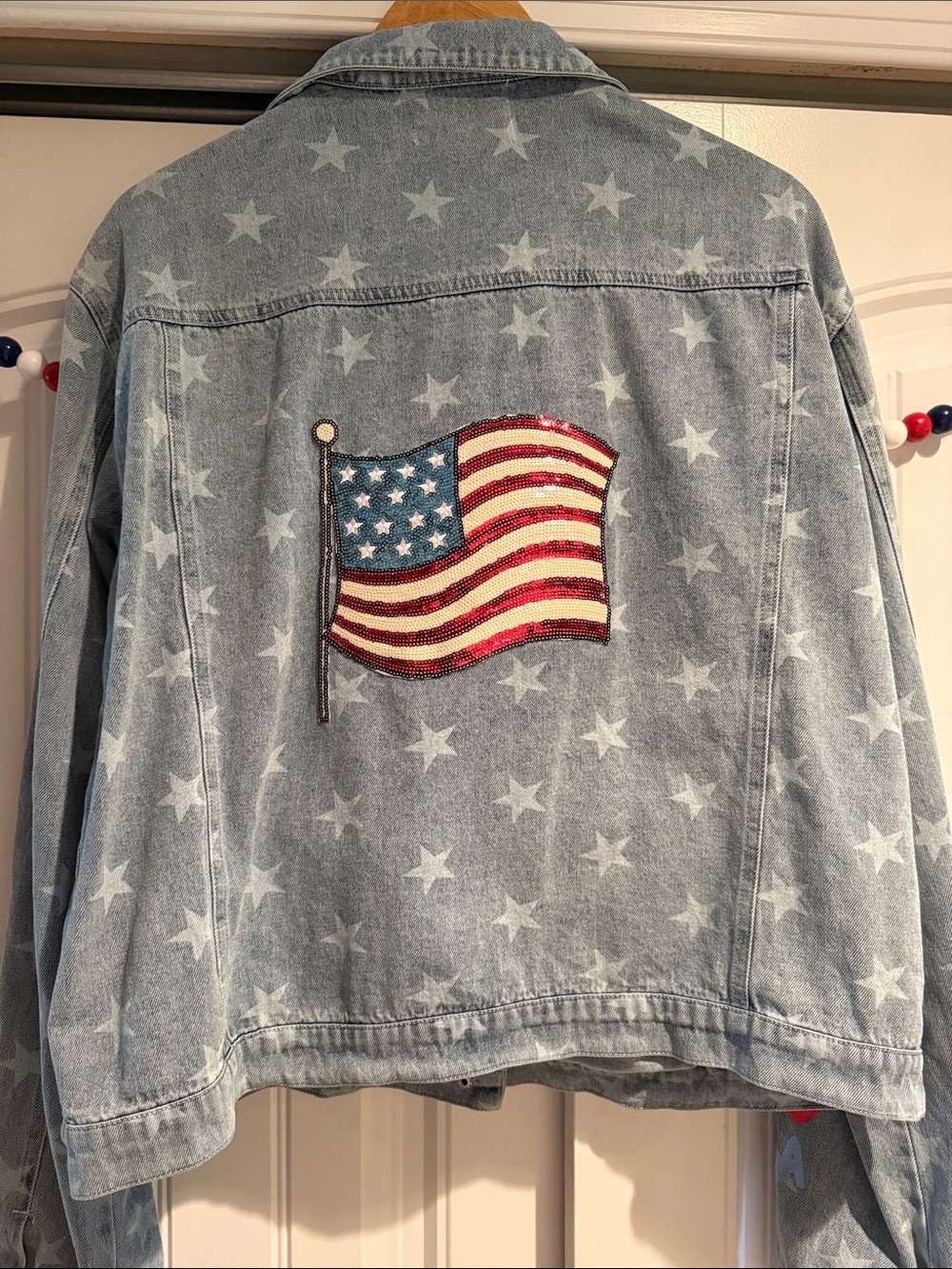 Elizabeth and James Light Blue Star-Print Denim Jacket/flag sequin NWOT - Picture 1 of 5